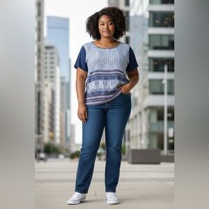 NWOT, Reitmans,  Blue Boho Print Bi-Material Blouse, Size XXL (plus size)